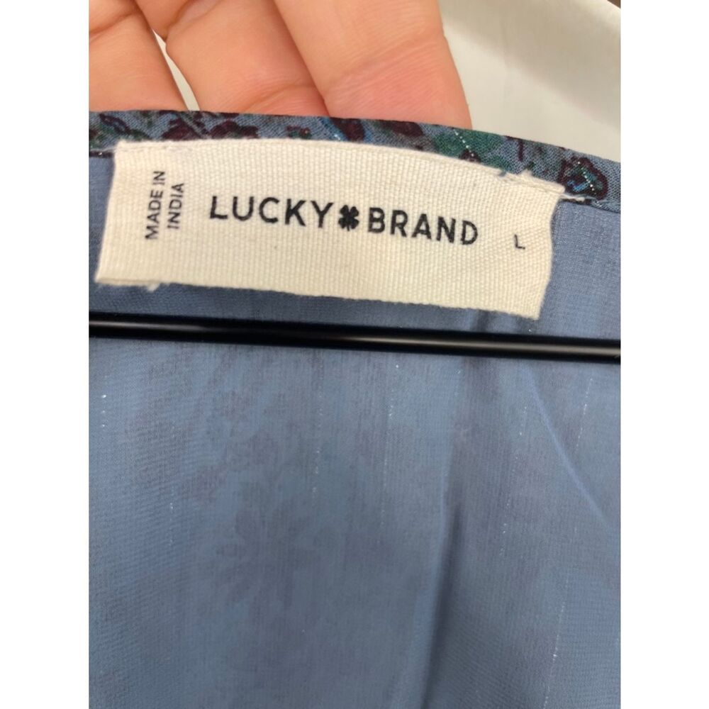 Lucky Brand Teal Blue Paisley V-Neck Long Sleeve Blouse peasant boho size Large - Picture 9 of 16